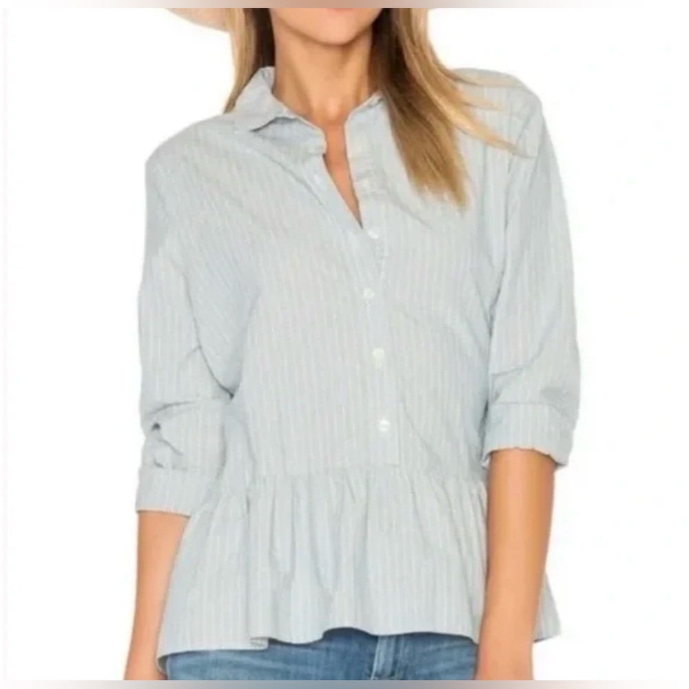 The Great. Button Down Cotton Striped Blouse Drop‎ Ruffle Oxford Blue Green Sz S